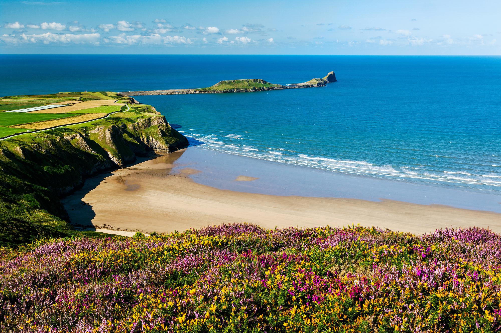 Vue panoramique de Rhossili Bay avec Worm's Head au fond, Gower Peninsula, Pays de Galles, Royaume-Uni
