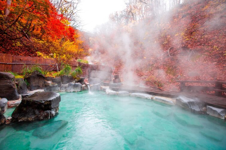Vue panoramique d'un onsen japonais en plein air, entouré de nature avec des pierres et de la vapeur d'eau chaud
