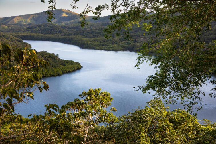 Vue sur la crique d'eau entourée d'une forêt tropicale sur l'île de Vanua Levu aux Fidji