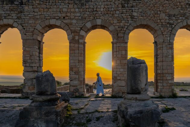 ancient city of Volubilis near Meknes Morocco at sunset