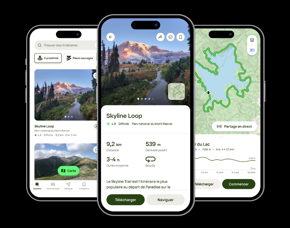 Ecrans de l'application de randonnée Alltrails