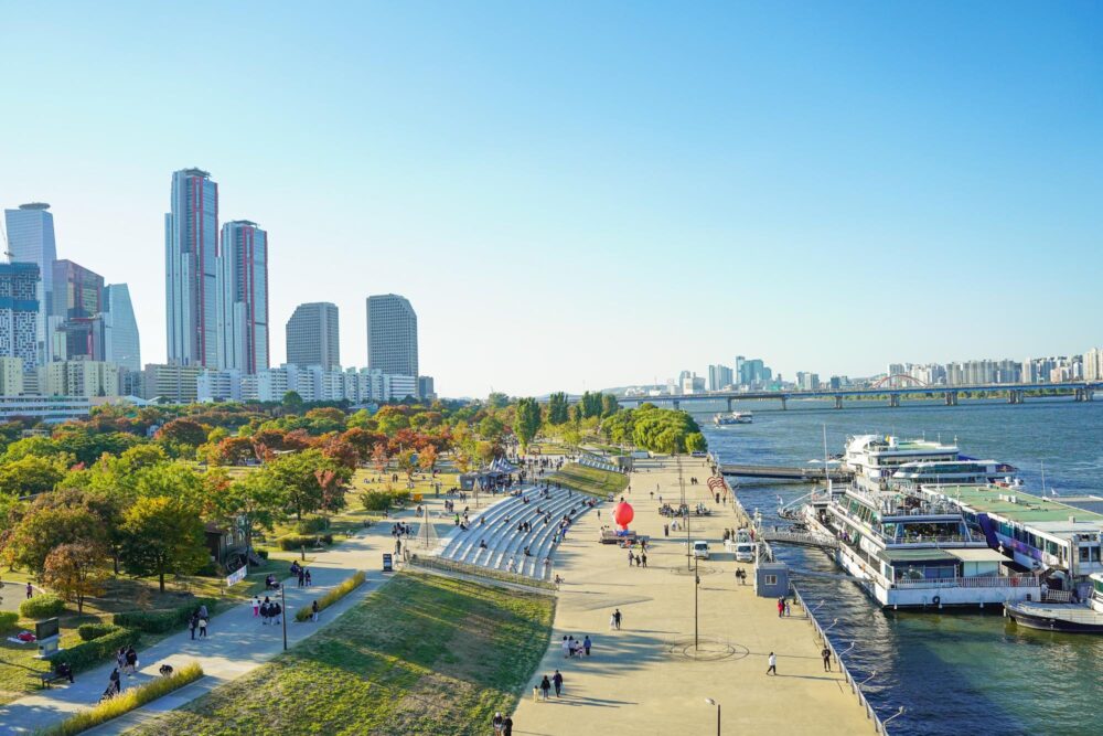 Promenade dans un parc le long du fleuve Han à Séoul
