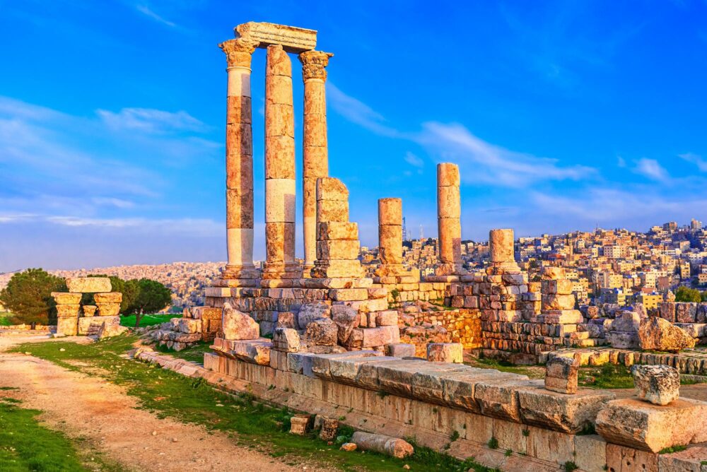 Temple d'Hercule Jabal al-Qal'a dans la citadelle d'Amman au coucher du soleil, Jordanie