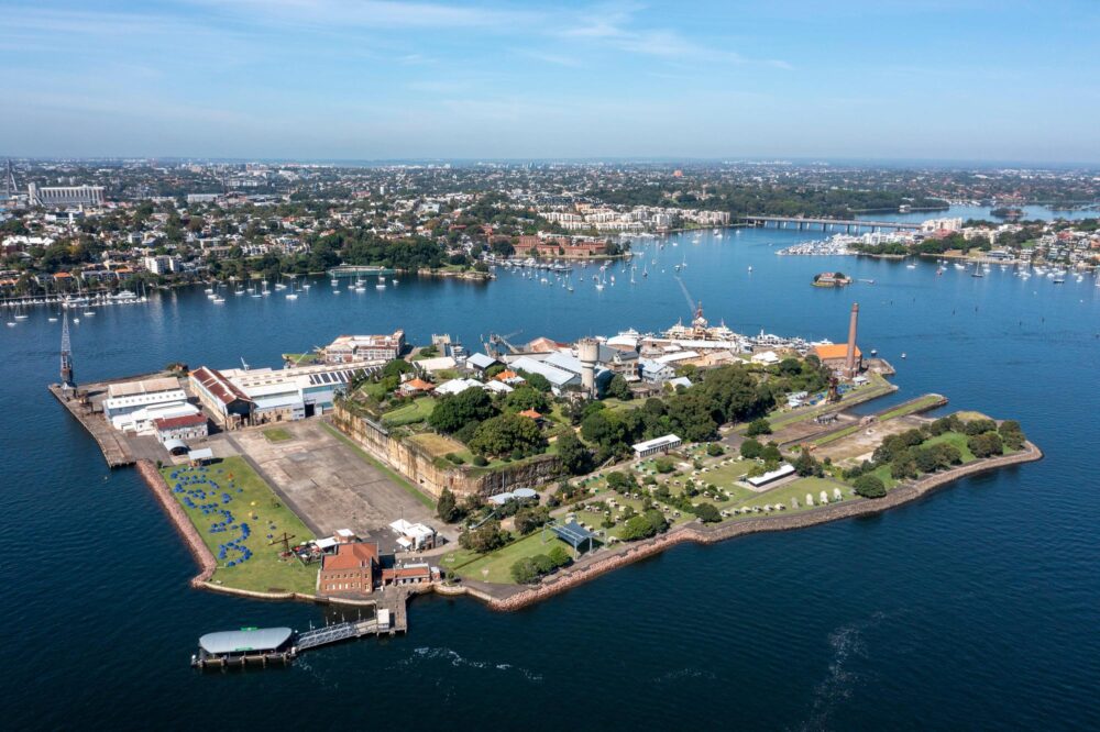 Vue aérienne de l'île Cockatoo sur la rivière Parramatta, Sydney, Australie.