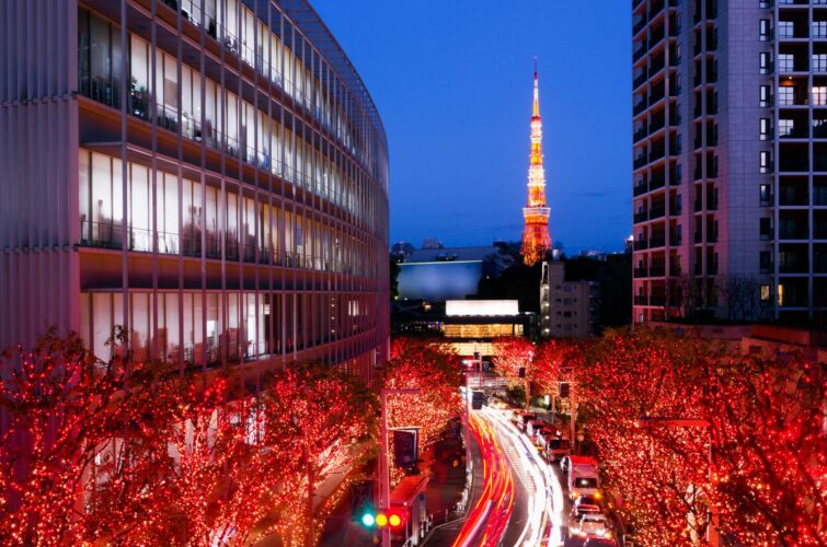 Les célèbres illuminations de Noël et la vue sur la tour de Tokyo depuis Roppongi