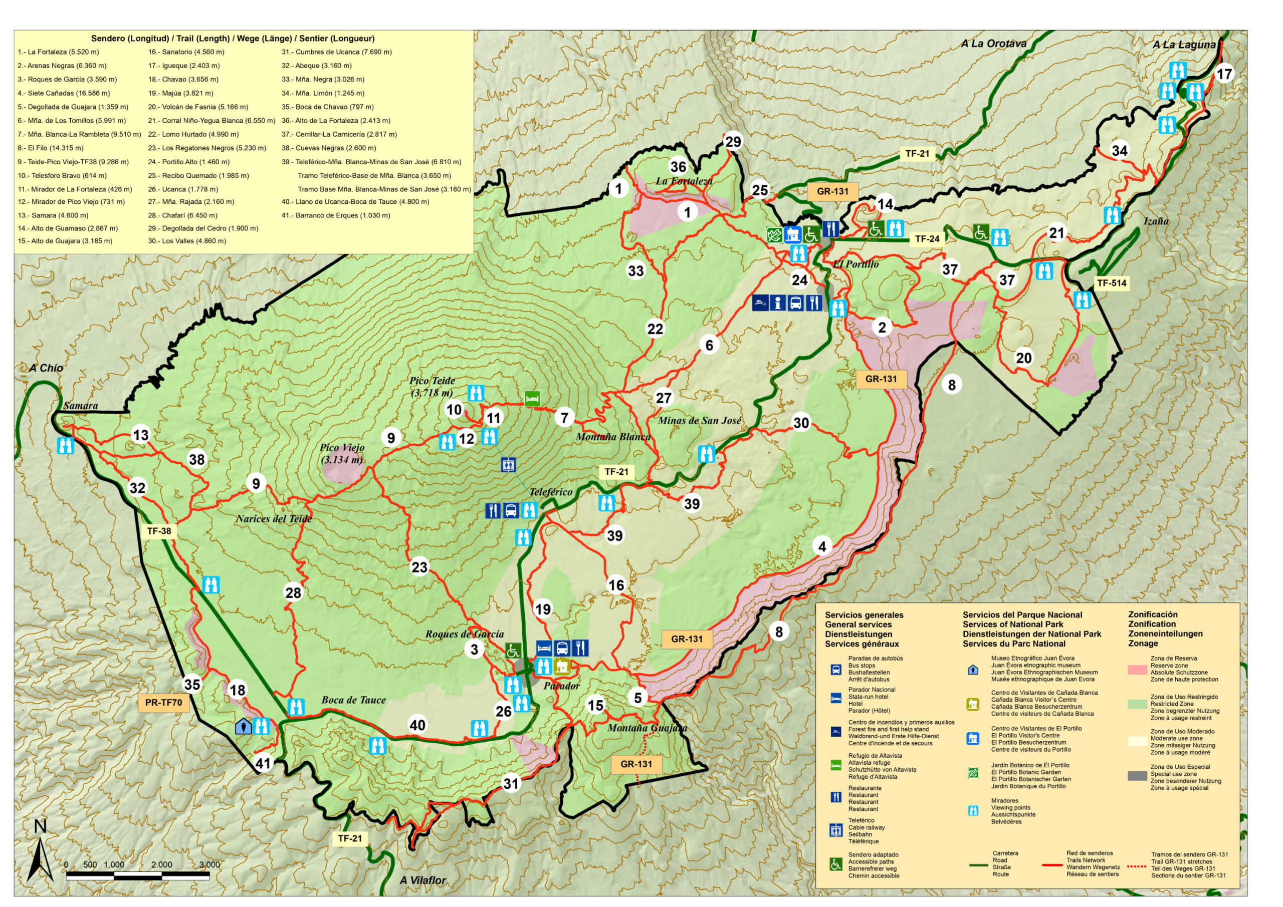 Carte des randonnées dans le Parc National du Teide à Tenerife