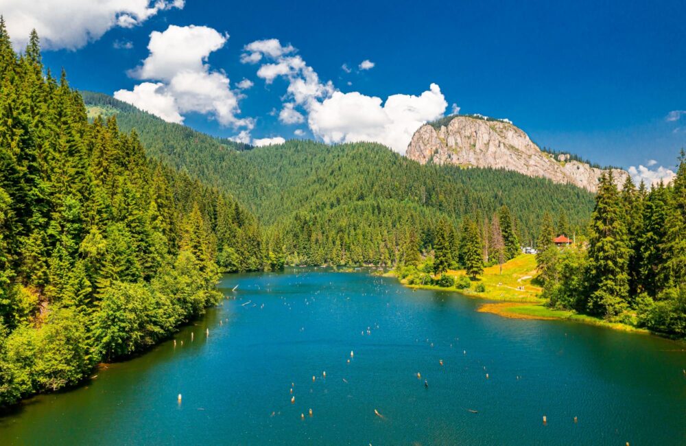 Vue aérienne sur le lac Roșu en Roumanie