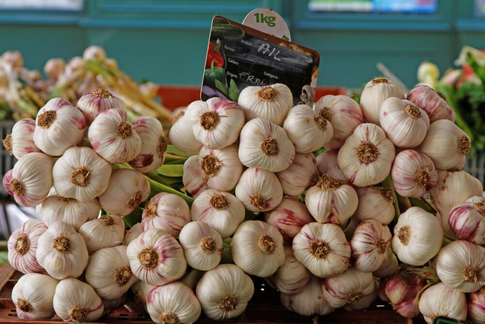 Étal d'ail sur le marché de Figeac