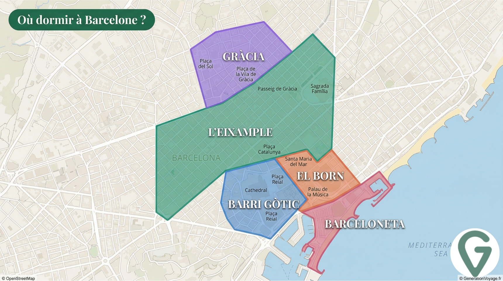 Carte des quartiers où dormir à Barcelone