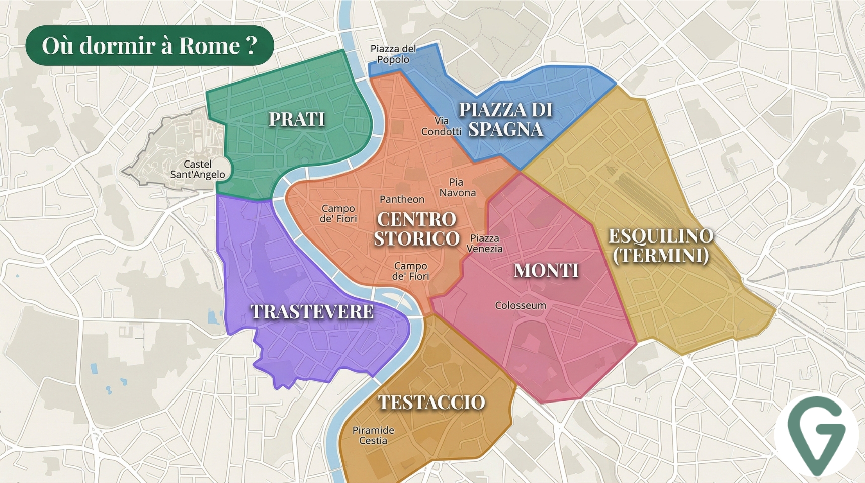 Carte des quartiers où dormir à Rome