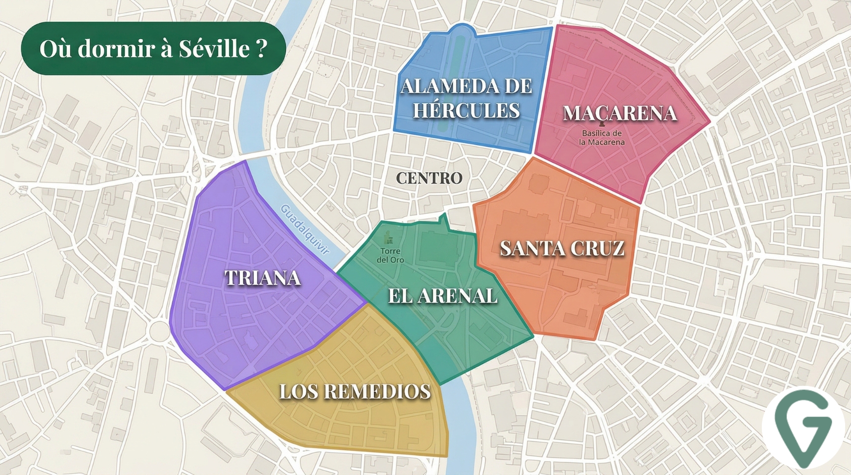 Carte des quartiers où dormir à Séville