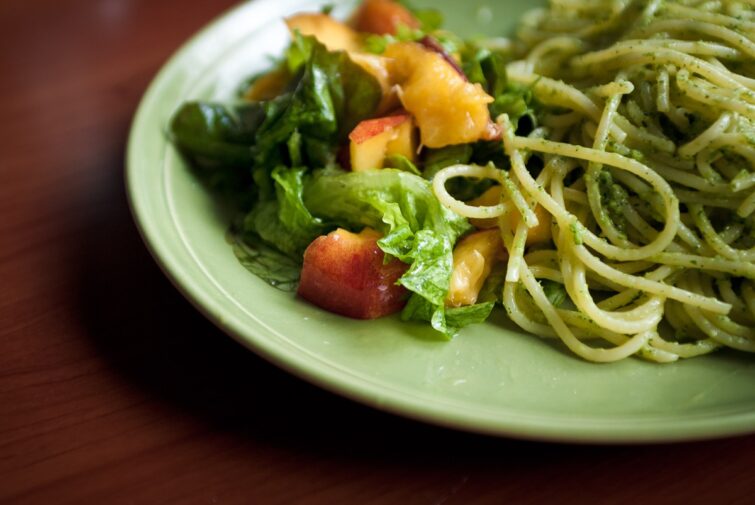 Pesto alla Genovese with nectarine salad